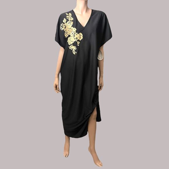 Avon Gold N’ Glamour Black Caftan Dress Private Treasures Glitter Size Med Large - Picture 1 of 6